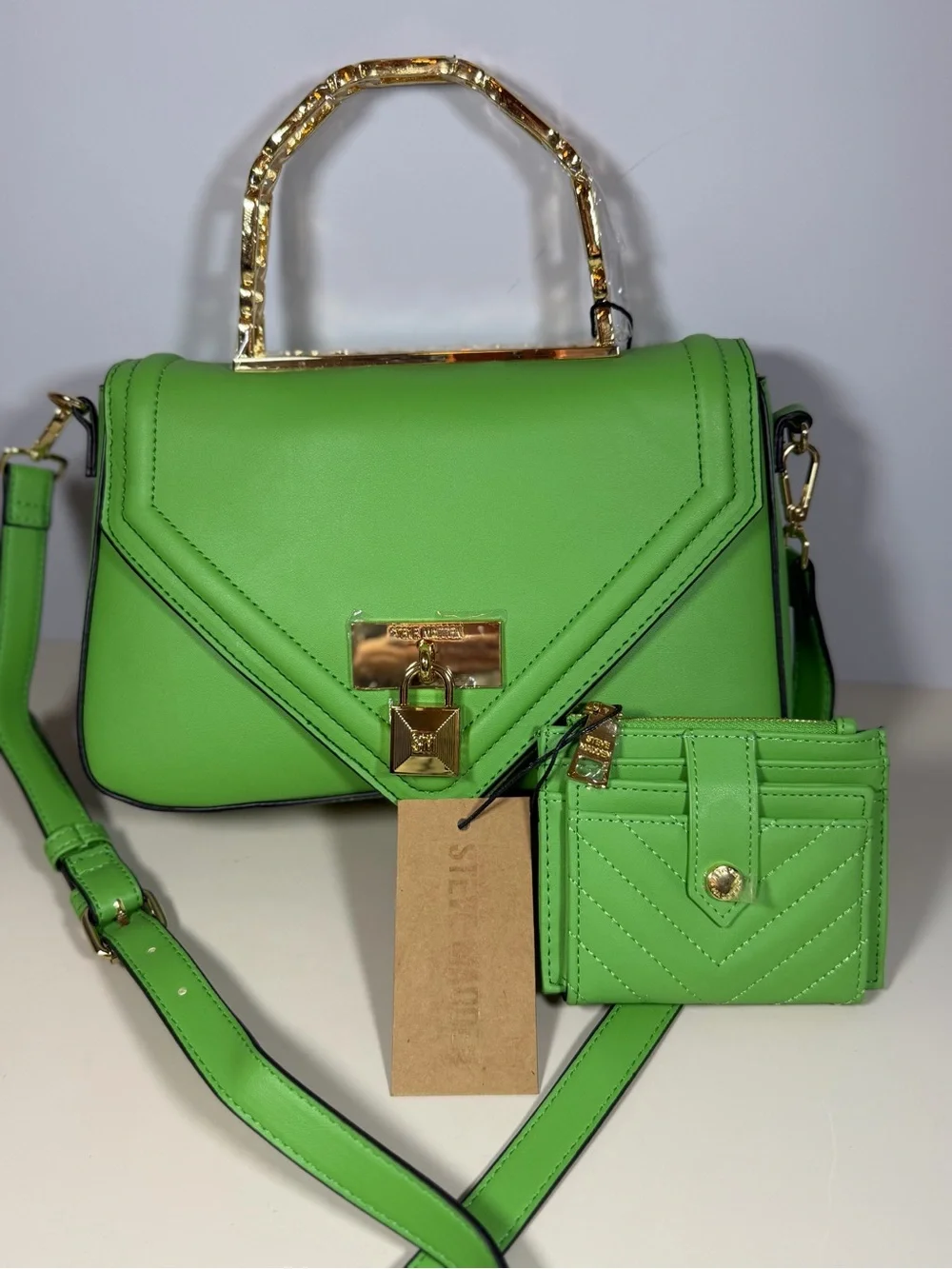Steve Madden Lime Green Leather Crossbody Satchel with Gold Handle